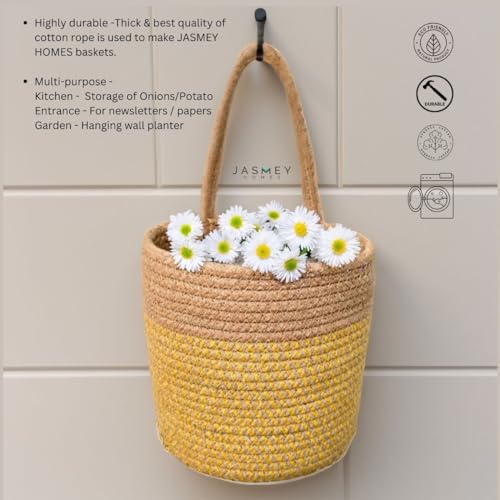Image of JASMEY HOMES Wall Hanging Jute Basket for Vegetables /Newspaper Storage Box for Home /Milk Basket for Main Door Hanging (Yellow)