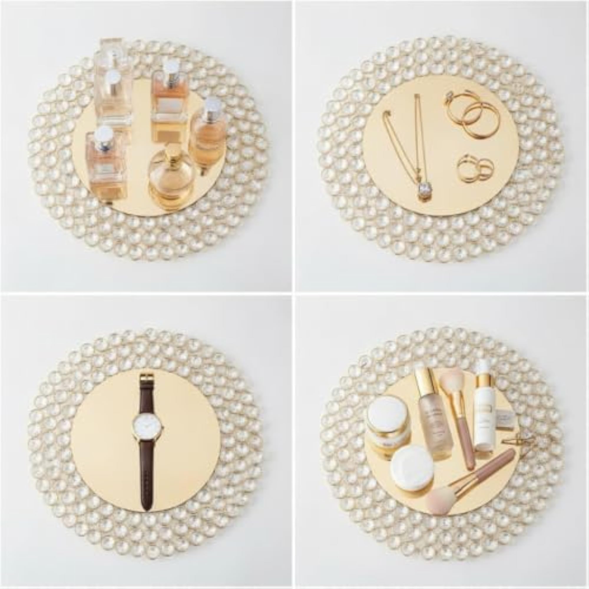 Round Iron Tray with Crystal-Like Beaded Border, Glamorous Centerpiece