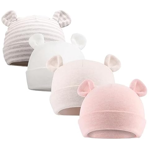 Original Cotton Newborn Hats for Girl Striped Preemie Baby Hats Bear Ears Infant Boys Beanies 0-6 Months (Bear-4PCS, 0-6 Months) Cover