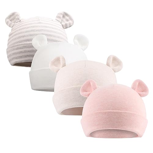 Image of Original Cotton Newborn Hats for Girls Striped Preemie Baby Hats Bear Ears Infant Boys Beanies 0-6 Months