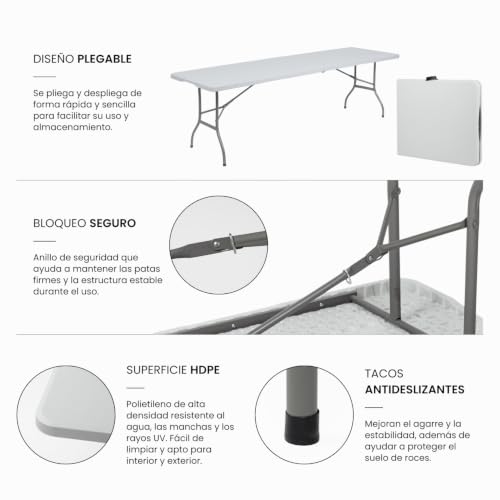 Miniatura 5 de Thinia Home Mesa Catering Plegable Portátil Blanca 240 Cm Multiusos: Camping, Eventos Exteriores O Interiores Resina Y Patas De Acero 6-8 Personas