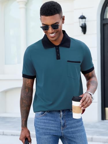 Image of Men's Casual Polo Shirts Summer Short Sleeve Contrast Collar Buttoned Tee Polo Shirt with Pocket