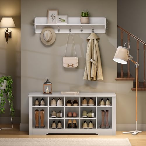 HOOBRO-Coat-Rack-Shoe-Bench-Set-433-Inches-Entryway-Bench-with-Coat-Rack-Hall-Tree-with-Shoe-Bench-Coat-Rack-with-Shoe-Storage-15-Cubbies-Mud-Room-Bench-for-Entryway-White-WT15MT01G1 HOOBRO Coat Rack Shoe Bench Set 433 Inches Entryway Bench with Coat Rack Hall Tree with Shoe Bench Coat Rack with Shoe Storage 15 Cubbies Mud Room Bench for Entryway White WT15MT01G1