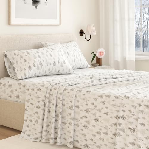 Image of Great Bay Home Flannel Sheet Set King Size - 100% Turkish Cotton, Double-Brushed, Lodge-Printed Bed Sheets - Ultra-Soft, Cozy, 4-Piece Bedding Set (Truckee - Grey)