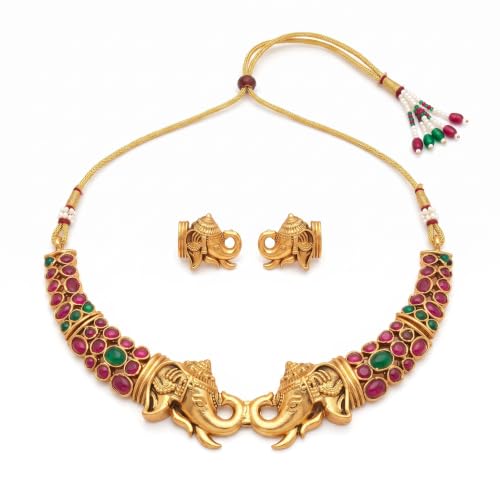 Image of Gold-Plated Antique Temple Jewellery Set for Women - Traditional Necklace with Large Peacock Pendant & Matching Jhumka Earrings | Ethnic Festive & Bridal Wear Set with Ruby & Emerald Accents
