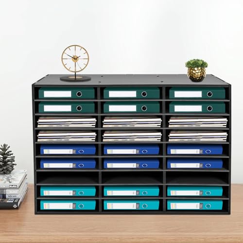 Literature Organizer,Mail Sorter Organizer with Adjustable Shelve,Desktop File Sorter Mail Center,Student Mailbox with Adjustable Shelves for Classroom,Office Home (Black, 27 Compartment)