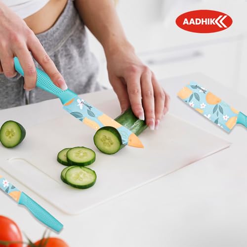 AADHIK Stainless Steel Knife Set of 3,Blue Printed Premium Knives for Kitchen, Cutting Vegetables, Fruits, Meat, Dryfruits, Multipurpose (Blue)