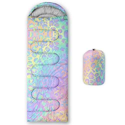 AILONEN Sleeping Bag for Adults Kids Girls Rainbow Leopard Sleep Bag 3 Seasons Outdoor Camping Hiking Travel Lightweight & Waterproof Slumber Bag with Compact Carrying Bag