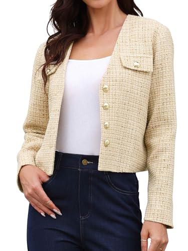 Allegra K Tweed Jacket Women Long Sleeve Button Down Collarless Business Casual Blazer Fall Trendy Cropped Jackets