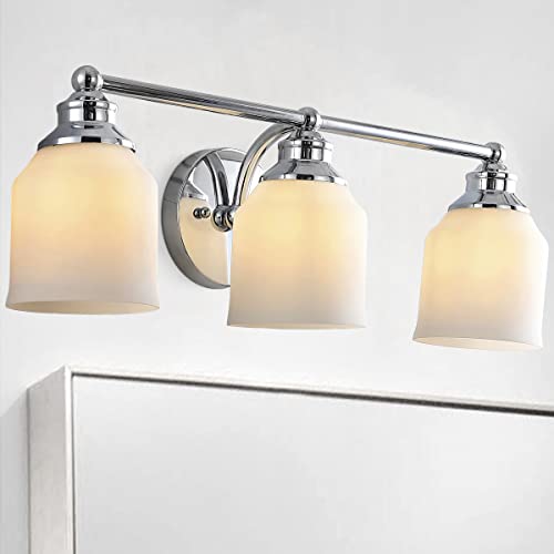 Image of JONATHAN Y 24 inch Chrome Modern Farmhouse LED Vanity Light Wall Sconce Fixture, Frosted White Glass Shade, Dimmable Wall Lamp for Bathroom Mirror Kitchen Sink, UL Listed (JYL7551A)