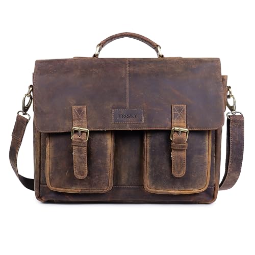 TRISKY Leather Messenger Bag for Men, Laptop Messenger & Shoulder Bags, Leather Book Bag, college graduation gifts for him, Travel, Work (Vintage Hunter Brown, 16 inch)
