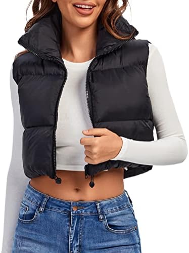 Fuinloth Women's Padded Vest, High Stand Collar Lightweight Zip Crop Puffy Gilet Black S