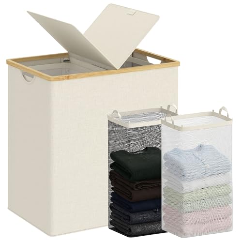 Image of efluky Laundry Hamper with Lid, Double Laundry Hamper with 2 Removable Bags, 2 Section Laundry Basket with Bamboo Handles for Bathroom, Bedroom & Laundry Room, 140L (36.9 Gallon) Beige