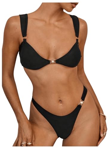 Women's 2 Piece High Cut Bikini Set Beaded Ring Linked Triangle Wireless Bathing Suit Swimsuit