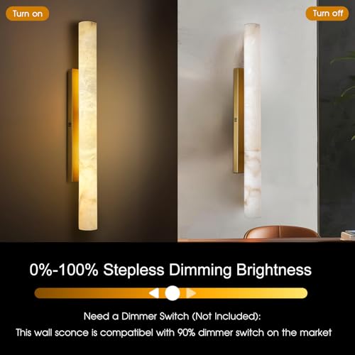 Image of Brass Alabaster Wall Sconces, Spanish Natural Marble Wall Sconce, 36 inch Long Stone Wall Sconce Dimmable, Gold Alabaster Sconces Wall Lighting Indoor, Marble Wall Light for Bathroom, Living Room, 1PC