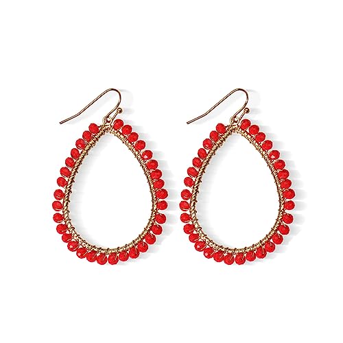 Bohemian Boho Beaded Teardrop Dangle Drop Earrings Hollow Sparkly Crystal Gold Wire Wrapped Crystal Earrings for Women Statement Jewelry