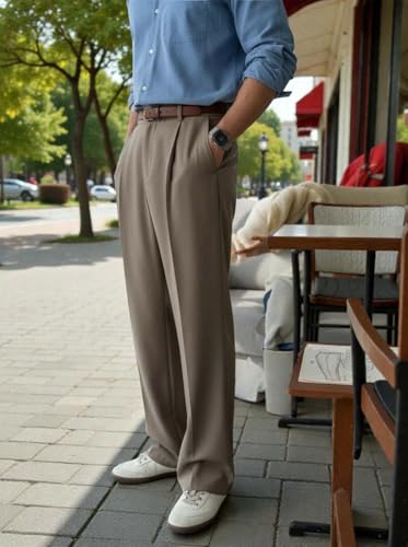 Image of KOTTY Men's Wide Leg Casual Style Korean Trousers with Relaxed Fit Tailoring Modern Structured Design for Professional Wear