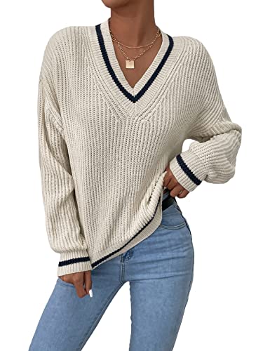 Oyoangle Women's Ribbed Knit Preppy Sweater Long Sleeve V Neck Drop Shoulder Top Beige S #TOP22