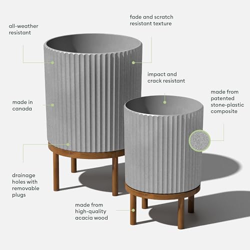 Image of Veradek Demi Series Raised Duo Planters - Set of 2 Planters with Stands | Made From a Durable Plastic-Stone Composite & Comes With Wooden Stand. Modern Porch /Patio Decor