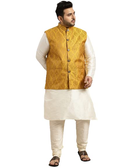 Sojanya Men's Silk Blend Off White Kurta & churidaar Pyjama Silk Blend Nehrujacket Set