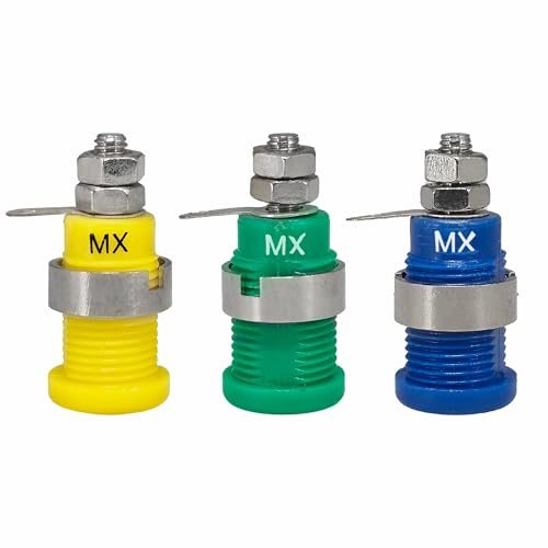Image of MX 4mm Banana Socket Set, Laboratory Grade Safety Test Terminals in Blue Yellow Green, Metal Construction, Panel Mount Design Pack of 3