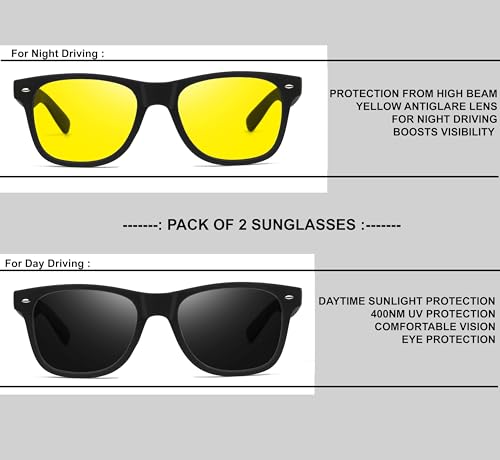 Image of Combo of Night Driving HD Vision Glasses with Diamond Cut Design and Black Daytime UV400nm Sunglass for Men Women Anti Glare For Night Bike Riding Car driving