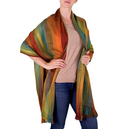NOVICA Artisan Handmade Rayon Shawl Guatemalan Accessories Shawls Orange Green Multicolor Patterned Woven Bohemian Travel Friendly ' Nature' S Ethereal Inspiration'4