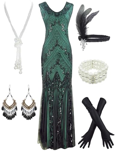 Image of Women Evening Maxi Long Dress 1920s Sequin Mermaid Hem Wedding Prom Gown Costume w / 20s Gatsby Accessories Set