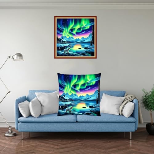 Image of Fanxvivy Stamped Cross Stitch Kits for Adults Beginners Pillow Needlepoint Kit with Embroidery Pattern Needlework Kit Prestamped Stitches Kit 11CT Cross Stitching-Northern Lights Bear 18x18 inch