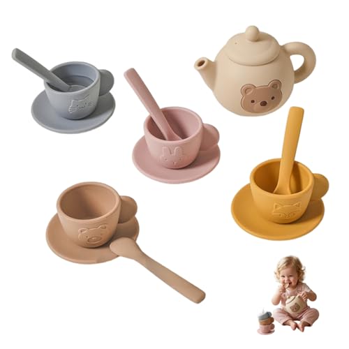 Syglawnd Service à thé pour Les Tout-Petits, Services à thé pour Les Tout-Petits de 3 5 Ans, Service de fête éducatif avec théière en Silicone, Tasses, sous-Verres avec cuillère pour Filles et GA