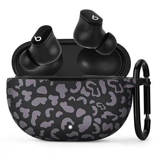 AIRSPO Case for Beats Studio Buds Silicone Floral Printed Protective Beats Studio Buds Earbuds Headphones Case Cover Skin with Keychain (Black Leopard)