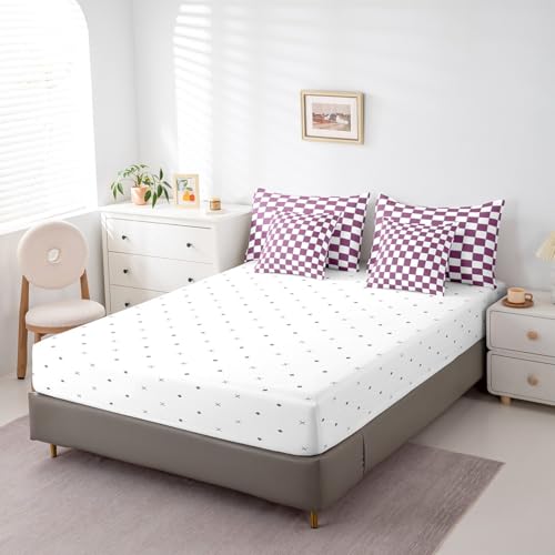 Image of Erosebridal Girls Purple Checkered Twin Bedding Set 7 Piece White Lavender Buffalo Plaid Grid Comforter Set with Sheets Checkerboard Bed in A Bag for Kids Teen Women Geometrical Gingham Bed Set