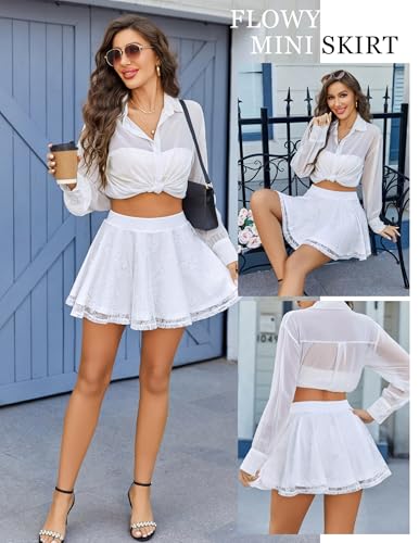 Avidlove Skirts for Women Lace Pleated Ruffles Skater Skirt Elastic Waistband Sexy Basic Stretchy Flared Casual Mini Skirt3