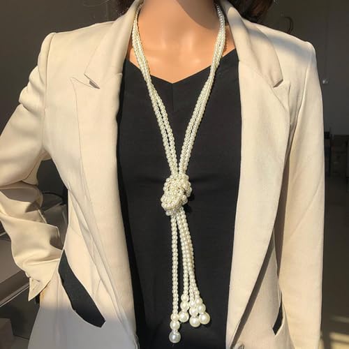 White Pearls Necklace Handmade Neck Tie Weaving Necktie Ladies Shirt Scarf Hollow Beaded Collar Accessory Trendy Jewelry3