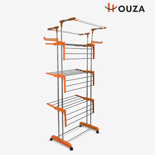 Image of HOUZA Premium Stainless Steel Cloth Dryer Stand with Wheels | Foldable Cloth Stand for Household, Balcony, Home & Outdoor, | Portable & Rustproof (4-Tier)- Orange
