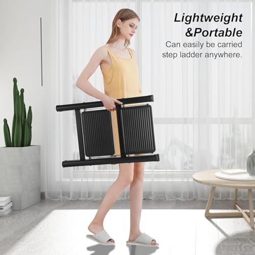 Image of Compact 2 Step Folding Ladder with Non-Slip Steps | Lightweight & Durable Steel Step Stool | Foldable Space Saving Design | Home Kitchen Office Ladder | Black Finish