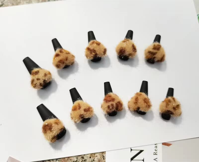 Nail Apparel Long Black Coffin Press on Nails Brown Chain Rose Bow Fake Nails 24Pcs (Black Plush Heart Leopard Print), Brown,Rose