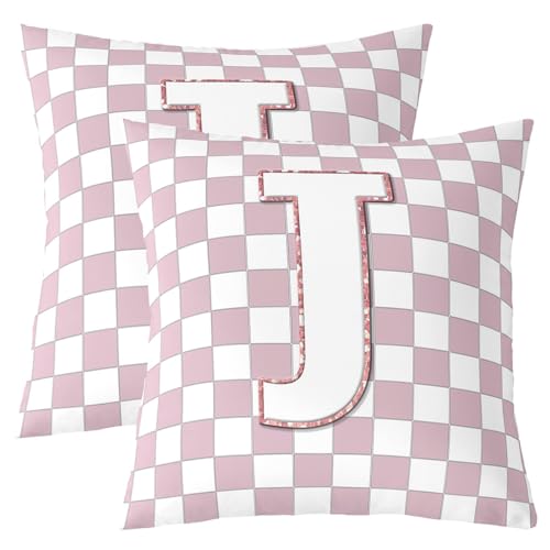 Image of Erosebridal Pink Initial J Throw Pillow Covers 22x22 Set of 2 Kawaii Plaid Checkered Cushion Cover Cute Personalized Monogram Throw Pillow Case for Bed Couch Sofa Fashion Grids Gingham Home Decor