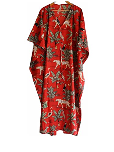 Kaftan long indien fait main en pur coton à motif jungle multicolore style kimono