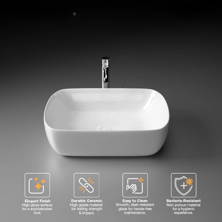 Image of Ceramic Tabletop Wash Basin - Glossy Rectangular Countertop Vessel Sink with Marble Finish for Bathroom & Vanity | Compact 18 x 13 x 5 Inch | Elegant Washbasin