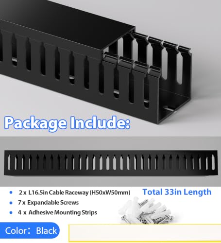 Image of 2 inch H x 2 inch W Cable Raceway, 33in Under Desk Wire Management Channel, Black | Slotted Wire Duct, 2Pack, 16.5in Each, Heavy-Duty PVC Cable Management for Server Racks, Network Cables & Electrical Cabinets