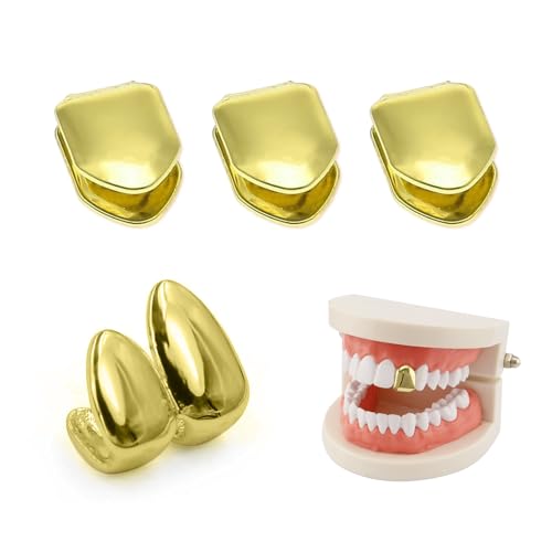4PCS Gold Grills for Teeth Single Tooth Cap Gold Caps for Women and Men Hip Hop Grillz Dental Mouth Piece Fake Open Face Grills Kit Stylish Golds for Girls Painted Hip Hop Accessories