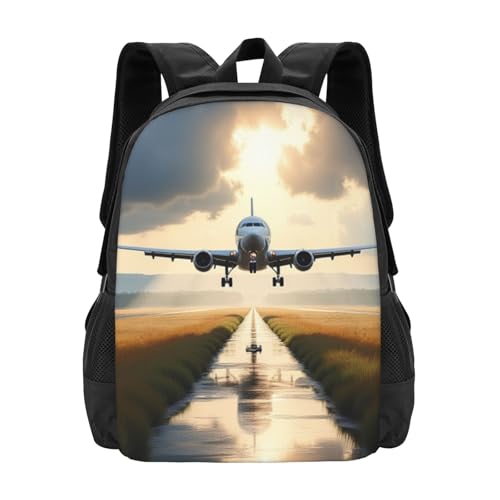 Airplane On Runway Cloudy Sky Water Reflection Backpack Build Casual Daily Outdoor Adventures Camping & Hiking Trips 17 In