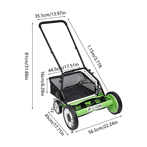 Cortacésped manual con carrete de 16 pulgadas de ancho de corte, ajuste de altura de 9 posiciones, cortacésped de jardín ecológico con recogedor de césped desmontable, ideal para el mantenimiento del