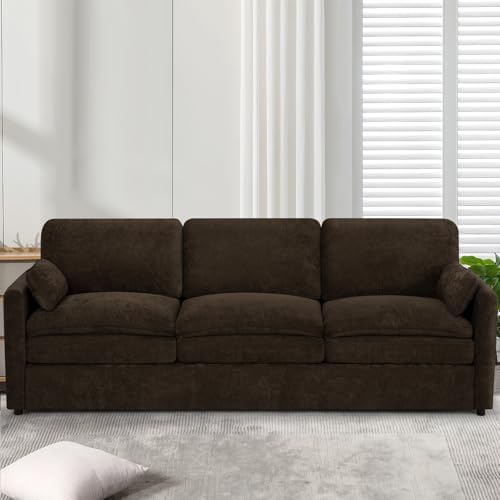 89" Chenille Modern Sofa w/Plump Backrests, 3 Seater Couch w/Soft Pillows, Comfy Upholstered Couch w/Thicker & Deeper Seats for Living Room, Bedroom, Brown - Thumbnail 4
