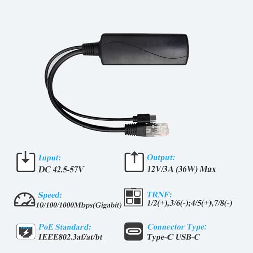 Image of 2.5G PoE Splitter 36W 12V /3A, PoE to Type-C 12V /3A Output, 2.5Gbps Ethernet Comply IEEE802.3bt, Plug and Play(TYPEC5712BG) (Pack of 2)