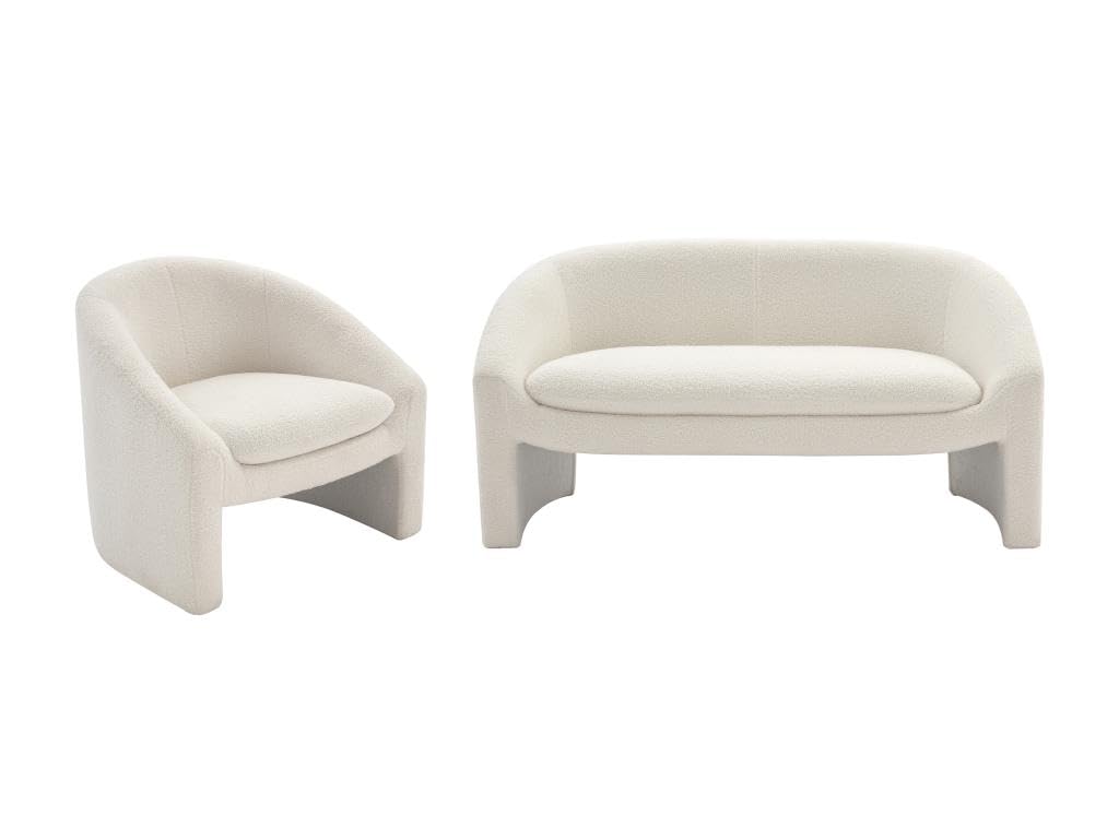 Vente-unique - Canapé 2 Places et Fauteuil en Tissu Bouclette Blanc OSSANA
