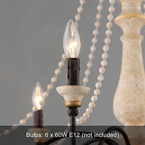 Ziralio French Country Chandelier 6-Light Farmhouse Chandelier With Wood Beads For Dining Room Living Room Bedroom,29.5In #TOP6