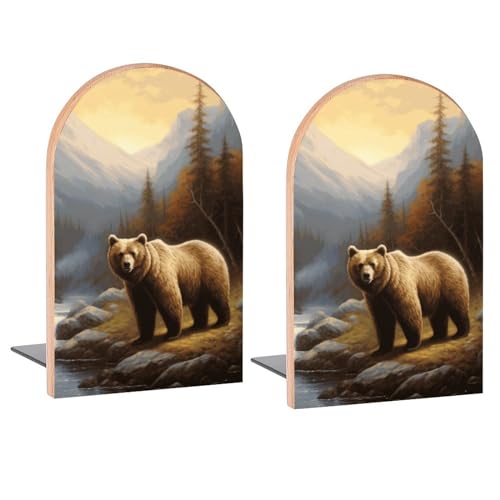Painting Brown Bear Mountain Book Ends Decorative Wood Bookends for Shelves Kids Room Desk Home Office Book Stoppers for Magazines,Books, DVDs, 1 Pair/2 Pieces(5x3.1 in)