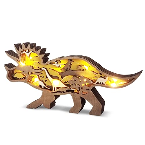 iDOTODO Ceratosaurus und Berge, geschichtetes Holzornament mit Lichtern, Waldtier, mehrlagig, 3D-Dekor Cover